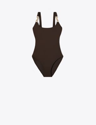 Shop Tory Burch Clip Tank Swimsuit In Dark Fudge