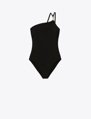 Shop Tory Burch One-shoulder Clip Tank Swimsuit In Black (core)