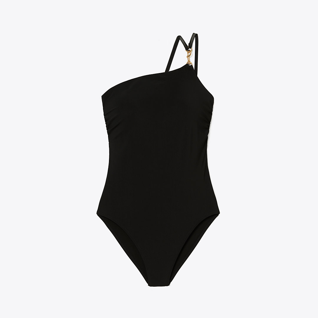 Shop Tory Burch One-shoulder Clip Tank Swimsuit In Black (core)