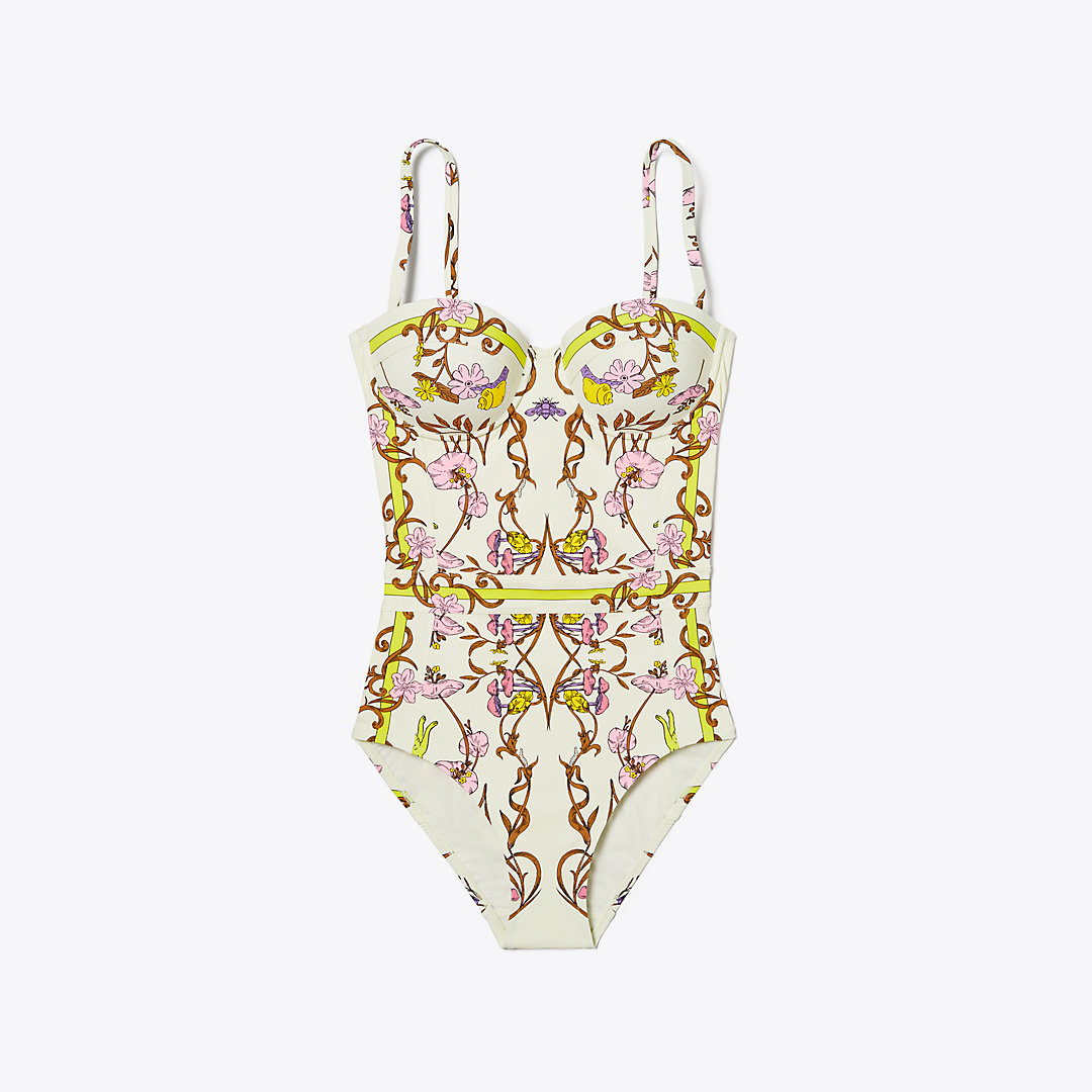 Shop Tory Burch Printed Underwire One-piece Swimsuit In Chartreuse Field Convo