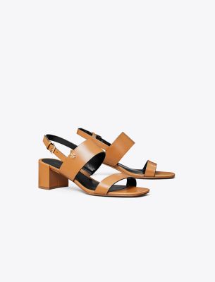 Tory Burch Double T Heeled Sandal In Caramel Corn/perfect Black
