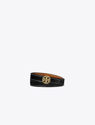 Tory Burch 1-inch Miller Reversible Leather Belt In Black/malt Whiskey/gold
