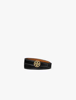 Shop Tory Burch 1" Miller Smooth Reversible Belt In Black/malt Whiskey/gold