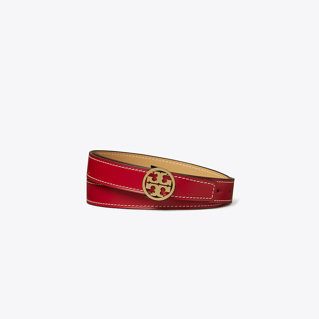 Shop Tory Burch 1" Miller Smooth Reversible Belt In Tory Red/ginger Shortbread/gold