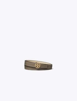 Shop Tory Burch 1" Miller Smooth Reversible Belt In Gray Heron/new Cream/gold