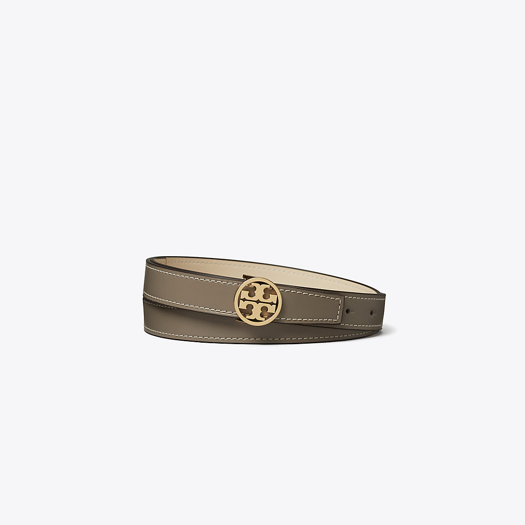 Shop Tory Burch 1" Miller Smooth Reversible Belt In Gray Heron/new Cream/gold