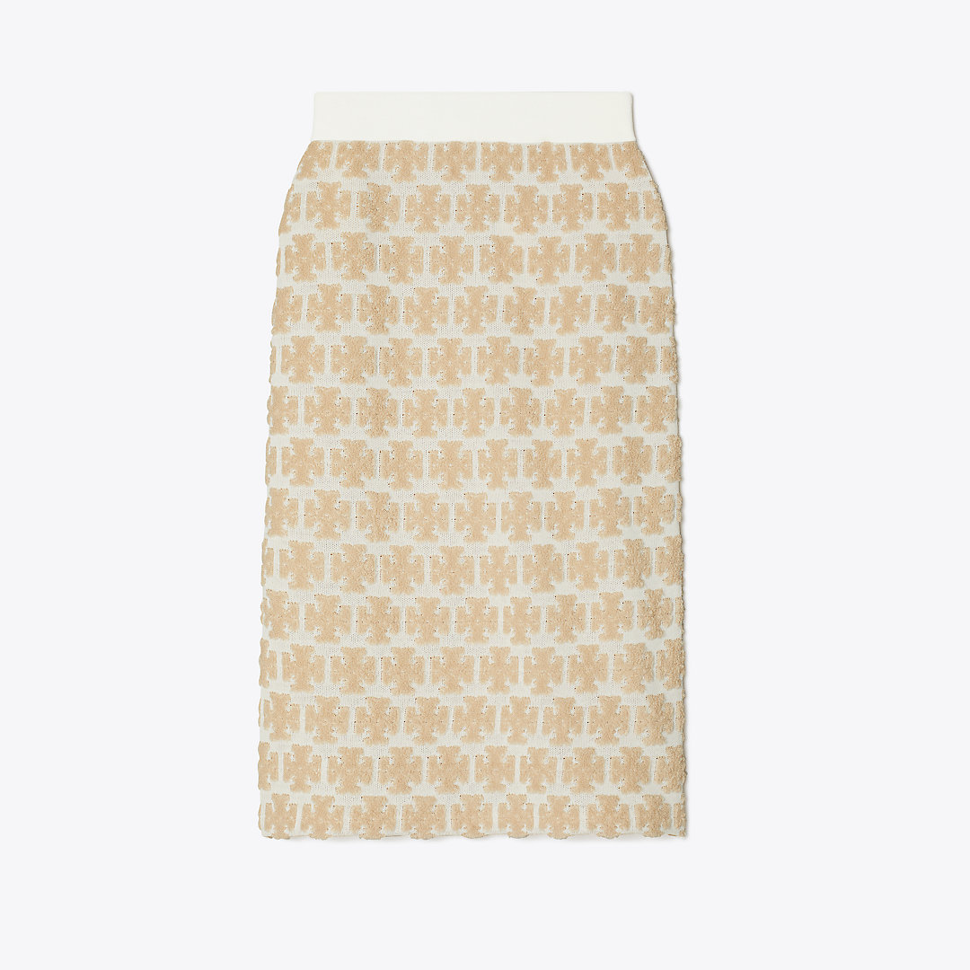 Shop Tory Burch Logo Bouclé Skirt In Soft White/fine Sand