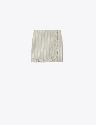 Shop Tory Sport Tory Burch Yarn-dyed Twill Ruffle Golf Skirt In New Ivory Pin Stripe Plaid
