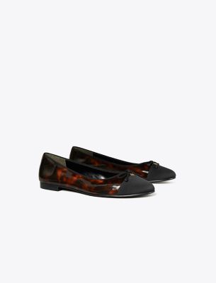 Tory Burch Cap-toe Ballet In Tortoise Patent/perfect Black