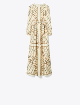 Shop Tory Burch Silk Printed Dress In Brown Rope