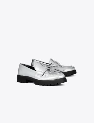 Tory Burch Metallic Medallion Classic Lug-sole Loafers In Argento