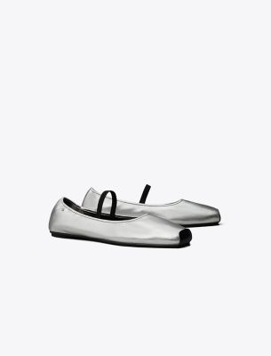 Tory Burch Mary Jane Ballet In Silver/perfect Black