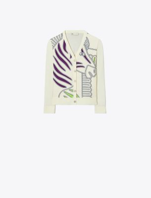 Shop Tory Burch Silk Front Cardigan In New Ivory/ivory Zebra
