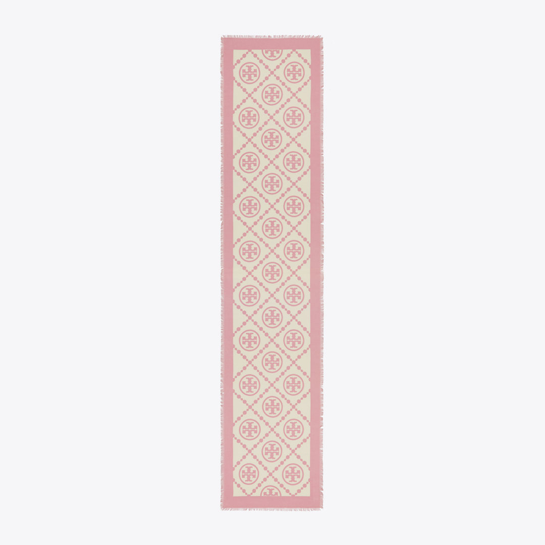 Tory Burch T Monogram Bordered Oblong Scarf In Pink