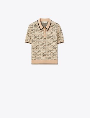 Shop Tory Burch Logo Jacquard Polo Top In Apricot Blush T Logo