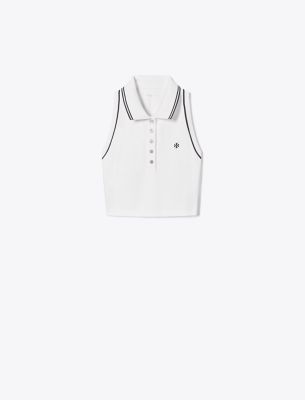 Shop Tory Sport Tory Burch Cropped Piqué Polo Tank In Snow White/tory Navy