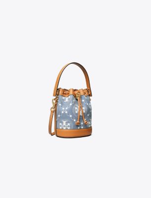 Shop Tory Burch T Monogram Denim Mini Bucket Bag In Multi