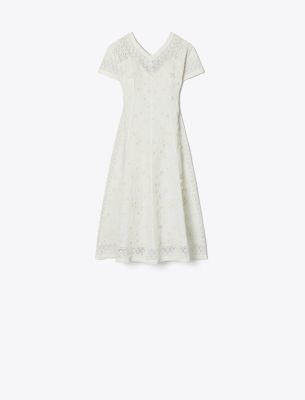 Shop Tory Burch Embroidered Linen Dress In Natural Ivory