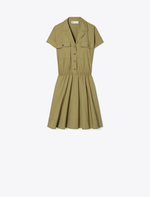 Tory Burch Cotton Poplin Shirt Mini Dress In Stone Moss