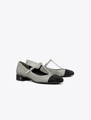 Shop Tory Burch Cap-toe T-strap Pavé Heeled Ballet In Lapis Gray/black Diamond