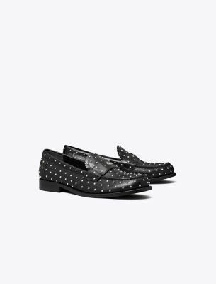 Tory Burch Black Leather Loafers With Small Applied Studs In Perfect Black/silver