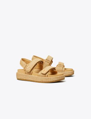 Tory Burch Raffia Kira Open Toe Textured Sole Sandals In Havana Sand