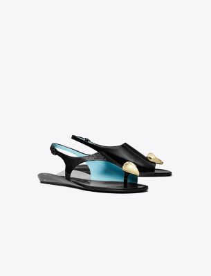 Tory Burch Patos Leather Pressed Coin Slingback Sandals In Nero