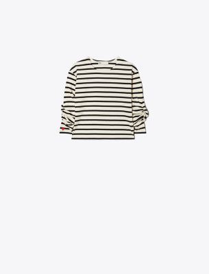 Tory Burch Scrunched-sleeve Striped T-shirt In Light Ivory/black