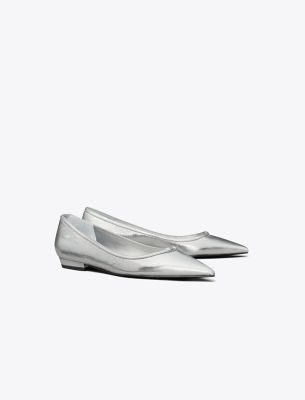 Tory Burch Double T Buckle Pointed-toe Flat In Shiny Silver