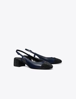 Tory Burch Leather Embellished Slingback Pumps 45 In New Navy/perfect Black