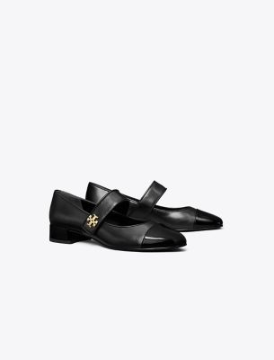 Tory Burch Mary Jane Cap-toe Leather Ballerina Flats In Perfect Black/perfect Black