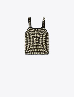 Tory Burch Cotton Crochet Tank Top In Black/white
