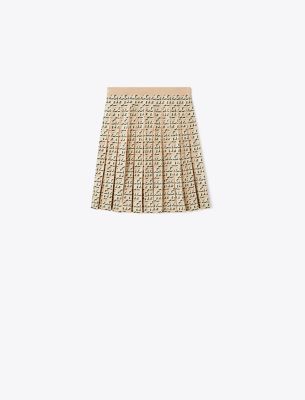 Tory Burch T Monogram Pleated Viscose Skirt In Apricot Blush T Logo Drop Shadow