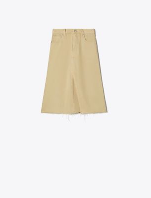 Shop Tory Burch Deconstructed Denim Midi Skirt In Khaki