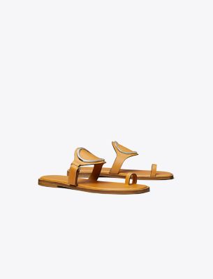 Tory Burch Leather Ring Flat Slide Sandals In Toasted Soufflé/silver