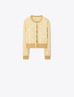 Shop Tory Burch T Monogram Wool Cardigan In Dusted Beige 3d T Monogram Jacquard