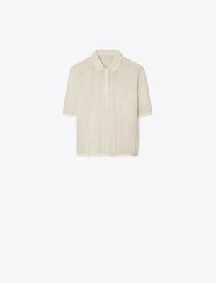 Tory Burch Poplin Zip Polo In Pale Sandstone