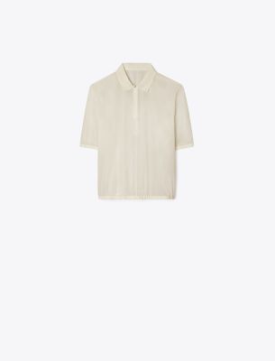 Shop Tory Burch Poplin Zip Polo In Pale Sandstone