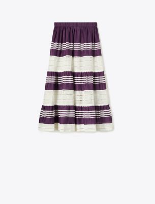 Tory Burch Striped Cotton Midi Skirt In Deep Purple
