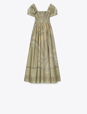 Shop Tory Burch Print Smocked Cotton Dress In Khaki Zebra Scarf