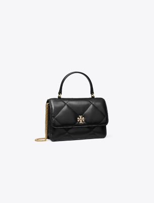 Tory Burch Mini Kira Diamond Quilt Pavé Logo Top-handle Crossbody In Black