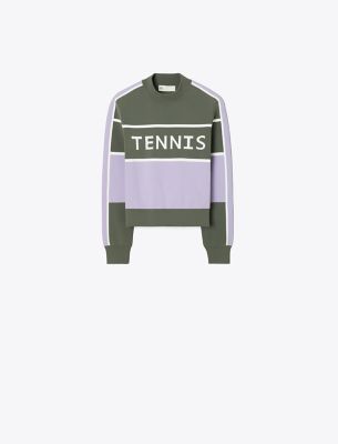 Tory Sport Tory Burch Cropped Tech Nylon Tennis Sweater In Gray/snow White/lilac Whisper