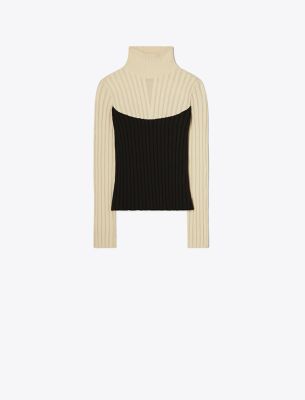 Tory Sport Tory Burch Colorblock Turtleneck Sweater In Sesame/black