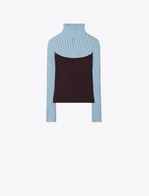 Tory Sport Tory Burch Colorblock Turtleneck Sweater In Seafaring/dark Eggplant
