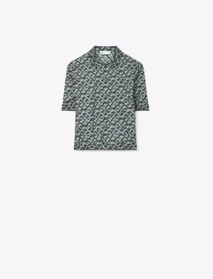 Tory Burch Prismatic Short Sleeve Nylon Polo In Smoky Grey Prismatic T Monogram