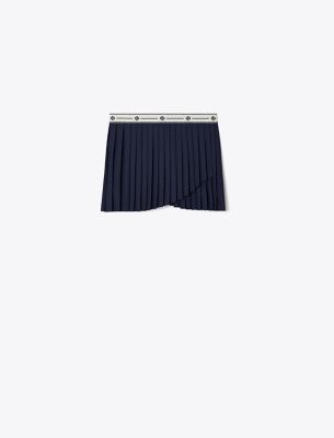 Shop Tory Sport Tory Burch Jacquard Performance Jersey Pleated Overlay Skirt In Tory Navy