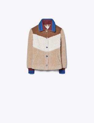 Shop Tory Burch Hooded Colorblock Fleece Jacket In Brown/ivory/oatmeal