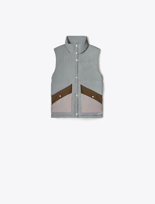 Tory Sport Tory Burch Reflective Colorblock Down Vest In Reflective Silver