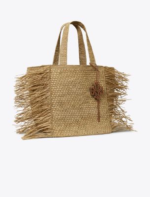 Shop Tory Burch Raffia Fringe Tote In Natural