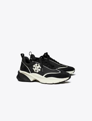 Tory Burch Good Luck Black And White Sneakers With Double T Detail In Tech Jersey And Fabric Woman In Perfect Black/new Ivory